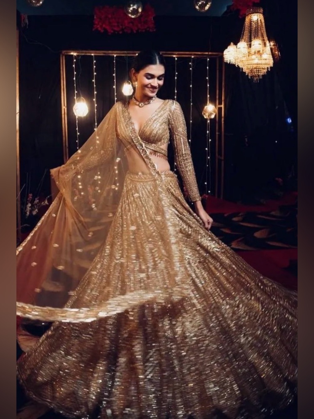 Gold Glitter Embroidered Bridal Net Heavy Lehenga Set